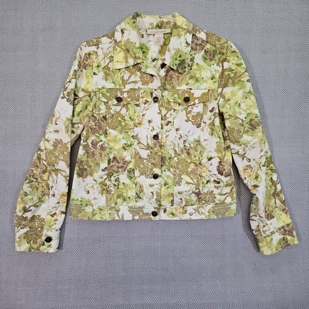 C.L.O.T.H.E.S. Denim Jacket Size Small Green Floral with Gold Glitter Boho Style